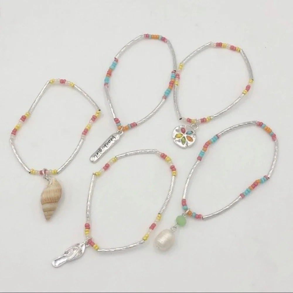 🌼 Beach Girl Charm Seed Bead Set of 5 Bracelets